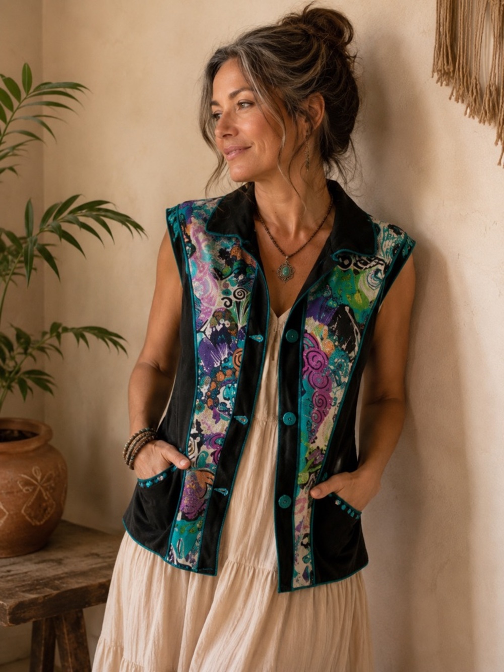 Parsley & Sage Boho Artsy Patchwork Vest Jacket Women’s 1X Teal Black Pink